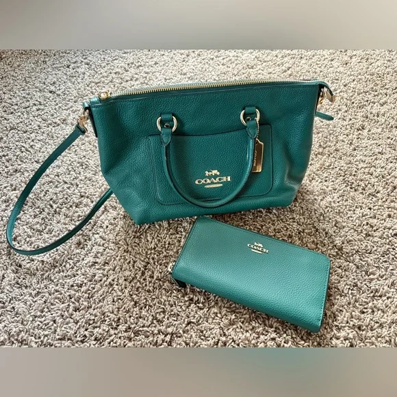 Coach Mini Emma Satchel Purse Handbag / Slim Wallet Set In Rare Jade Green Color - Picture 2 of 16